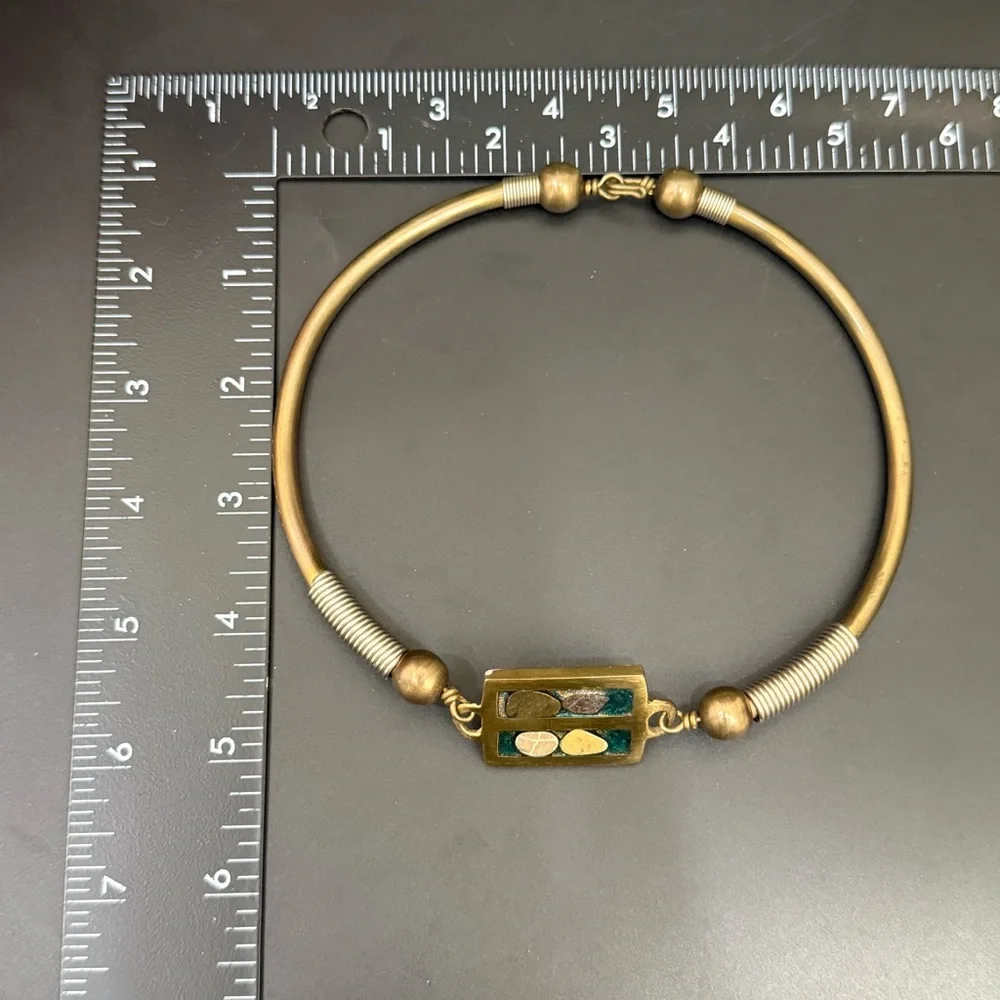 Vintage Brutalist Modernist Stone Inlay Brass Collar Choker Necklace - Picture 11 of 12